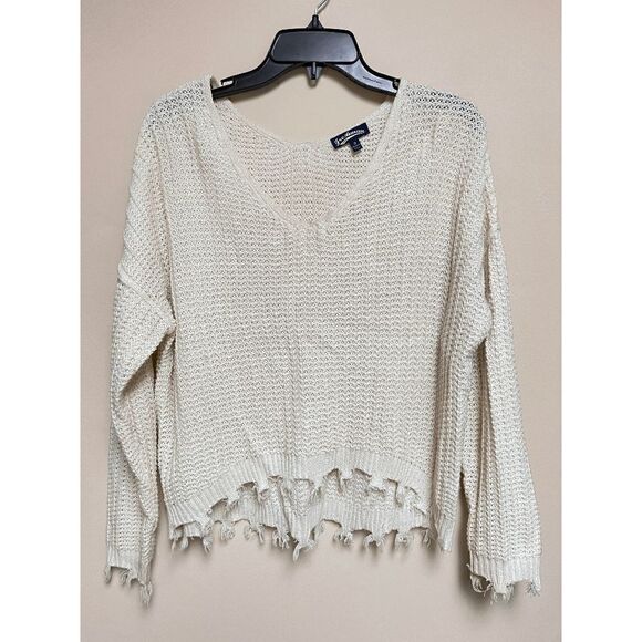 Freshman Sweaters - Freshman Womens Tunic Frayed Trim Cropped Sweater Beige Sz S